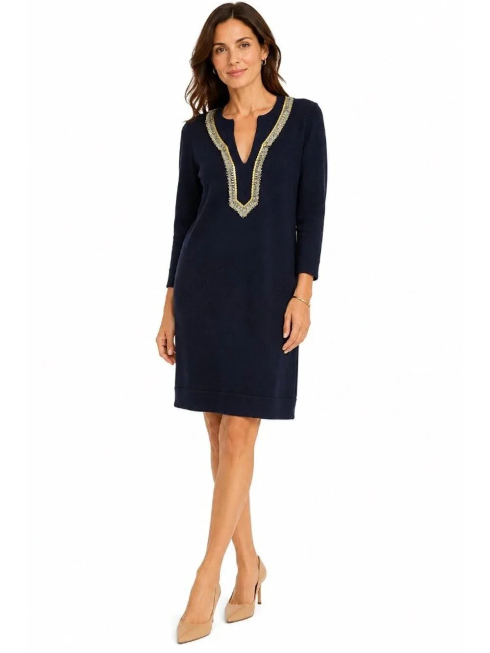 TORY BURCH navy blue sweater dress 100% merino wool MEDIUM beaded old money